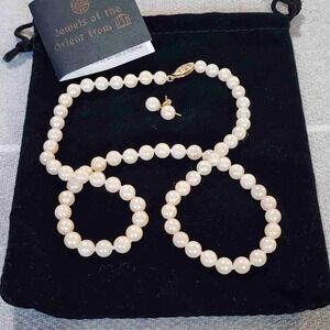 Jewels of the Orient HSN 14K Gold Cultured Pearl Necklace and Earring Set Cream